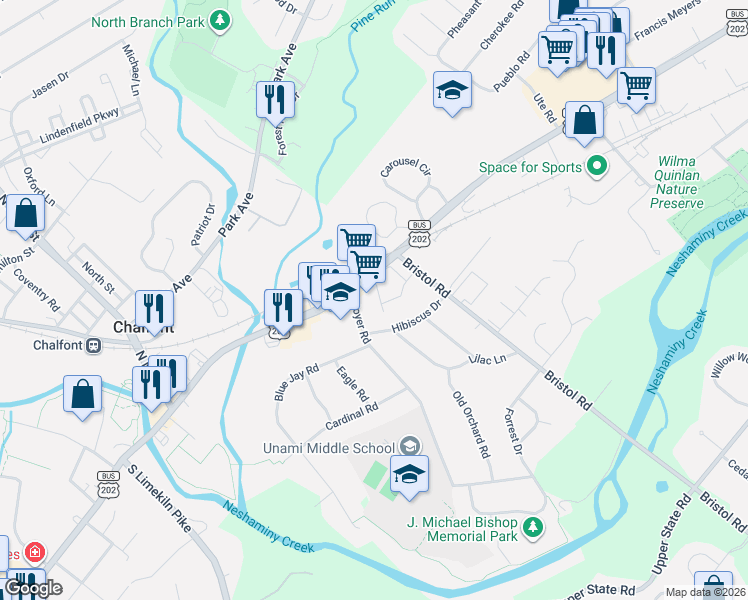 map of restaurants, bars, coffee shops, grocery stores, and more near 215 E Butler Ave in Chalfont