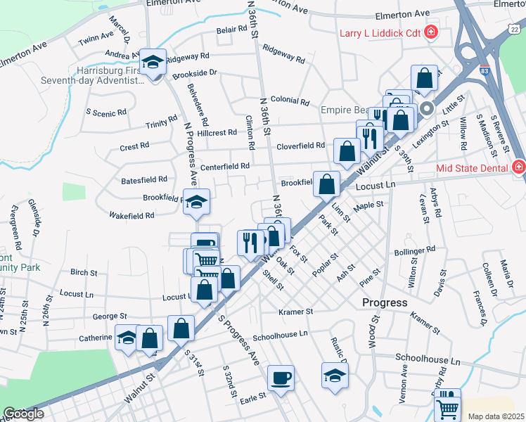 map of restaurants, bars, coffee shops, grocery stores, and more near 12 Arrow Road in Harrisburg
