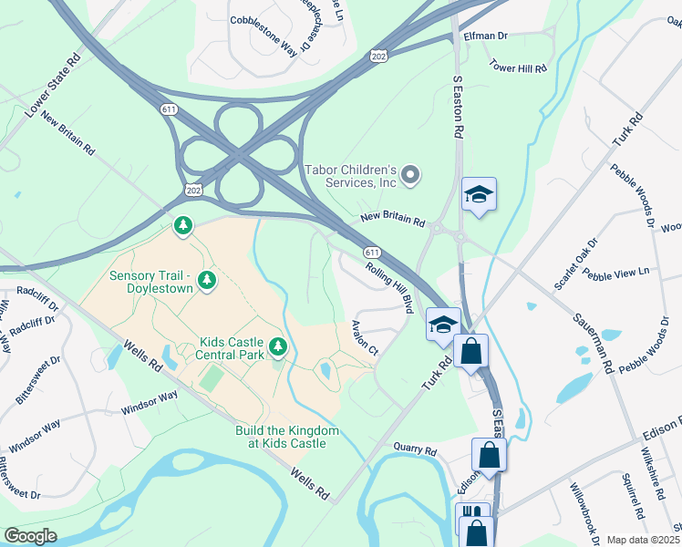 map of restaurants, bars, coffee shops, grocery stores, and more near 12 Charter Oak Court in Doylestown