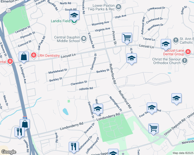 map of restaurants, bars, coffee shops, grocery stores, and more near 4710 Clarendon Street in Harrisburg