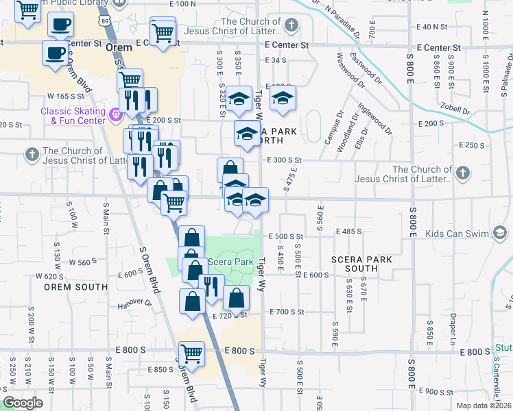 map of restaurants, bars, coffee shops, grocery stores, and more near 395 400 South in Orem