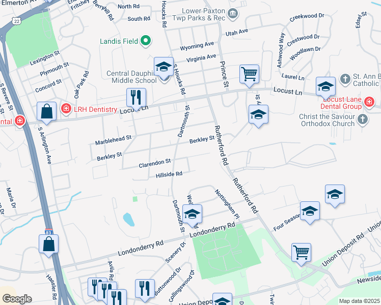 map of restaurants, bars, coffee shops, grocery stores, and more near 4710 Clarendon Street in Harrisburg