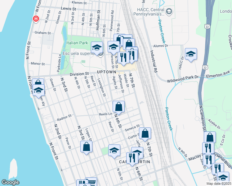 map of restaurants, bars, coffee shops, grocery stores, and more near 2620 Agate Street in Harrisburg