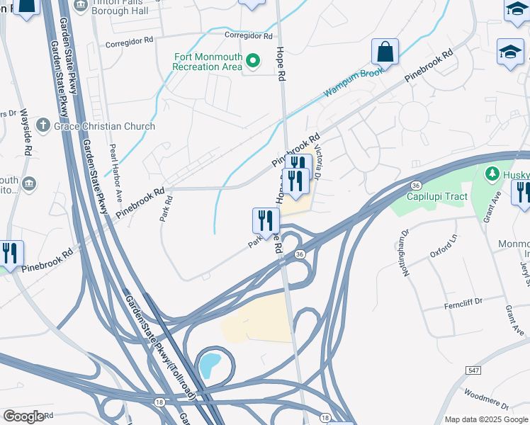 map of restaurants, bars, coffee shops, grocery stores, and more near 600 Hope Road in Tinton Falls