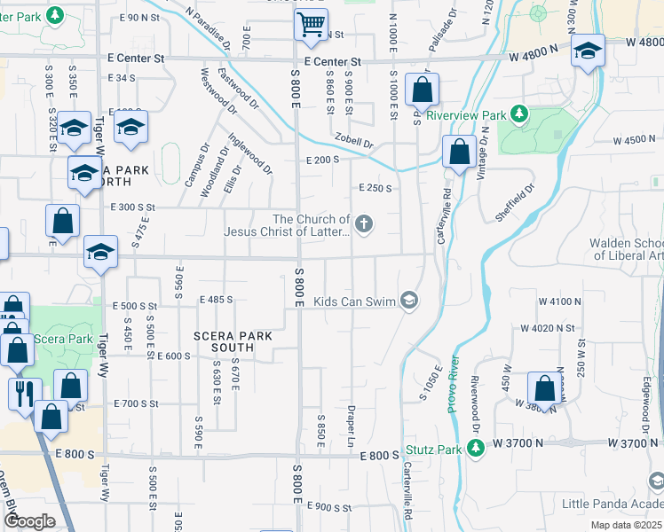map of restaurants, bars, coffee shops, grocery stores, and more near 860 400 South in Orem