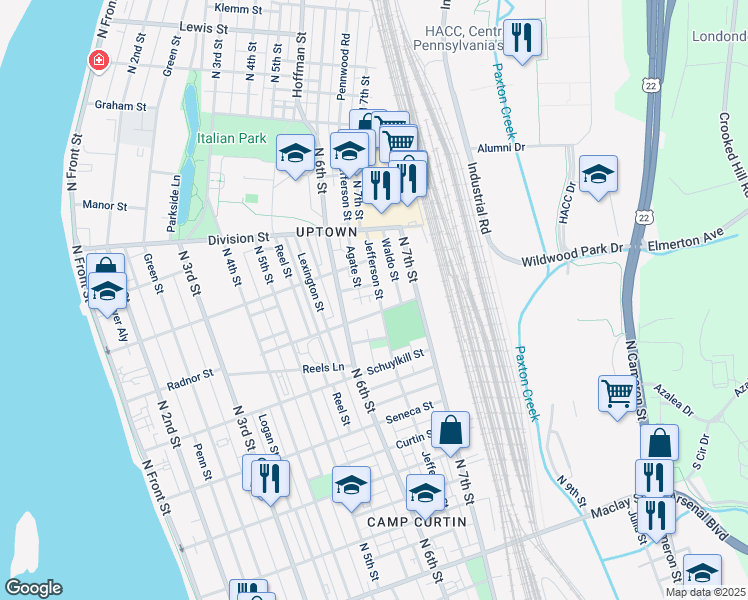 map of restaurants, bars, coffee shops, grocery stores, and more near 2616 Jefferson Street in Harrisburg