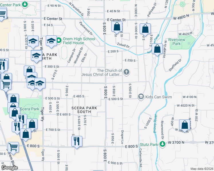 map of restaurants, bars, coffee shops, grocery stores, and more near 417 South 800 East in Orem