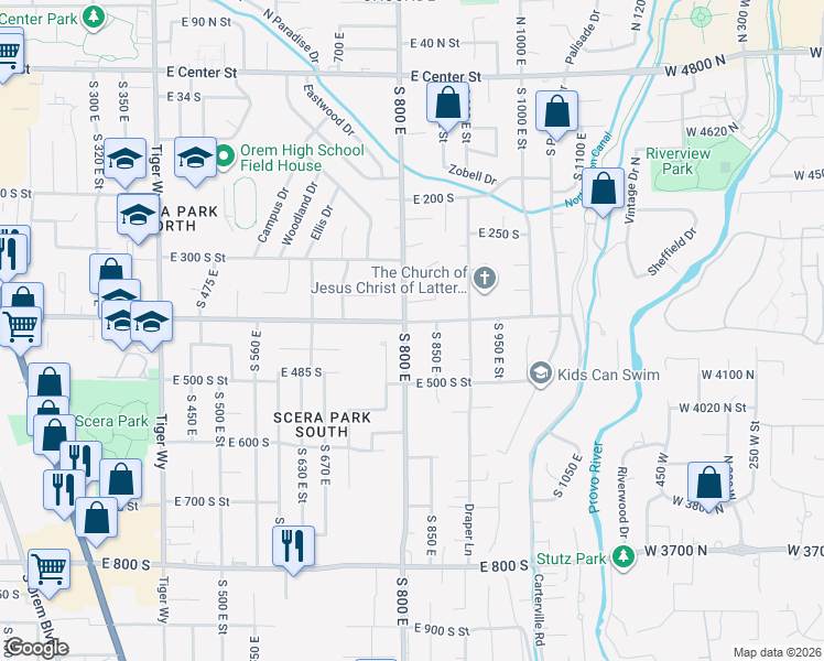 map of restaurants, bars, coffee shops, grocery stores, and more near 417 South 800 East in Orem