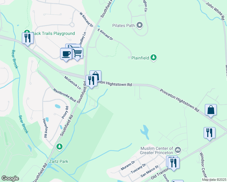 map of restaurants, bars, coffee shops, grocery stores, and more near 354 Princeton Hightstown Road in West Windsor Township