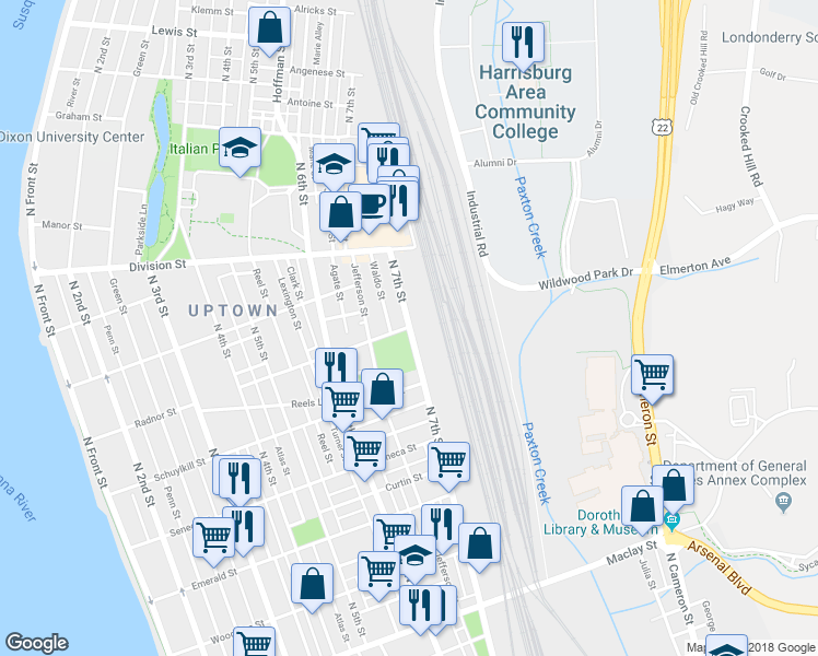 map of restaurants, bars, coffee shops, grocery stores, and more near 2598 North 7th Street in Harrisburg