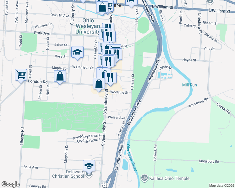 map of restaurants, bars, coffee shops, grocery stores, and more near 33 Wootring Street in Delaware