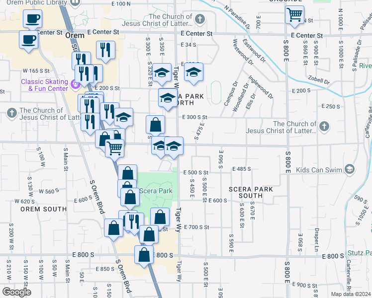 map of restaurants, bars, coffee shops, grocery stores, and more near 395 400 South in Orem