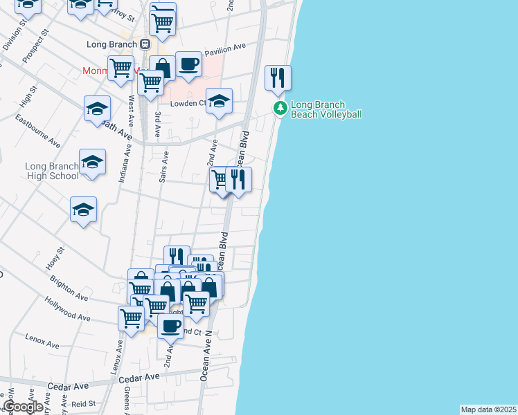 map of restaurants, bars, coffee shops, grocery stores, and more near 448 North Ocean Avenue in Long Branch