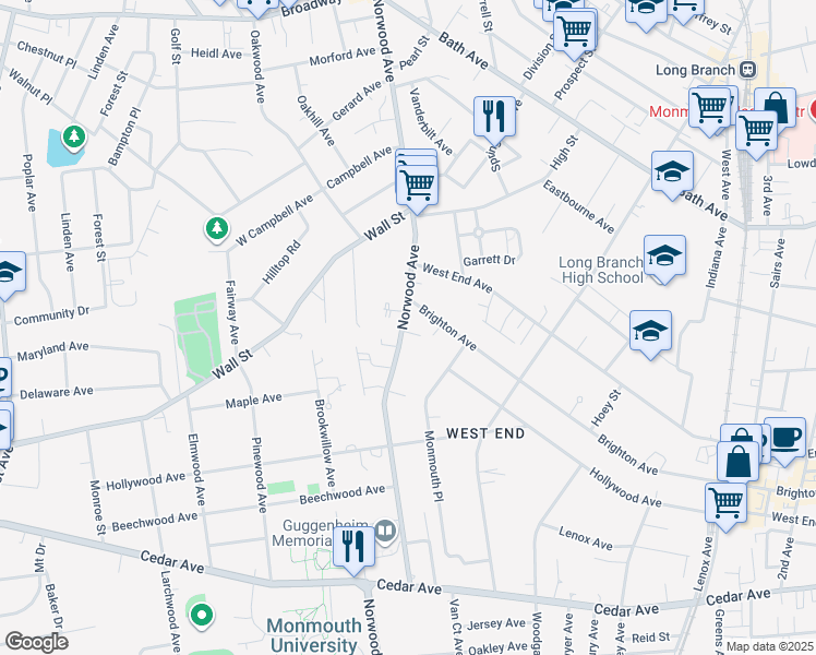 map of restaurants, bars, coffee shops, grocery stores, and more near 465 Brighton Avenue in Long Branch