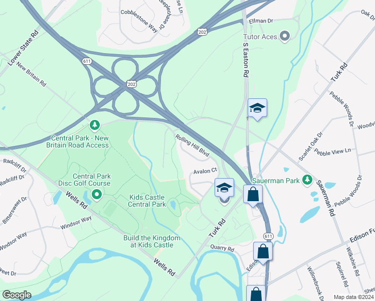 map of restaurants, bars, coffee shops, grocery stores, and more near 2 Charter Oak Court in Doylestown