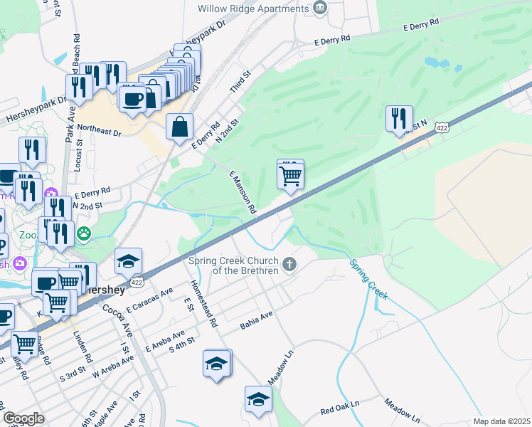 map of restaurants, bars, coffee shops, grocery stores, and more near 211-263 East Mansion Road in Hershey