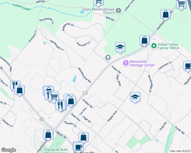 map of restaurants, bars, coffee shops, grocery stores, and more near 137 Harleysville Pike in Harleysville