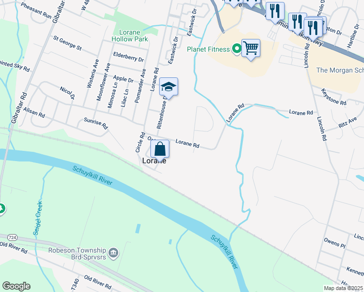 map of restaurants, bars, coffee shops, grocery stores, and more near 5309 Lorane Road in Reading