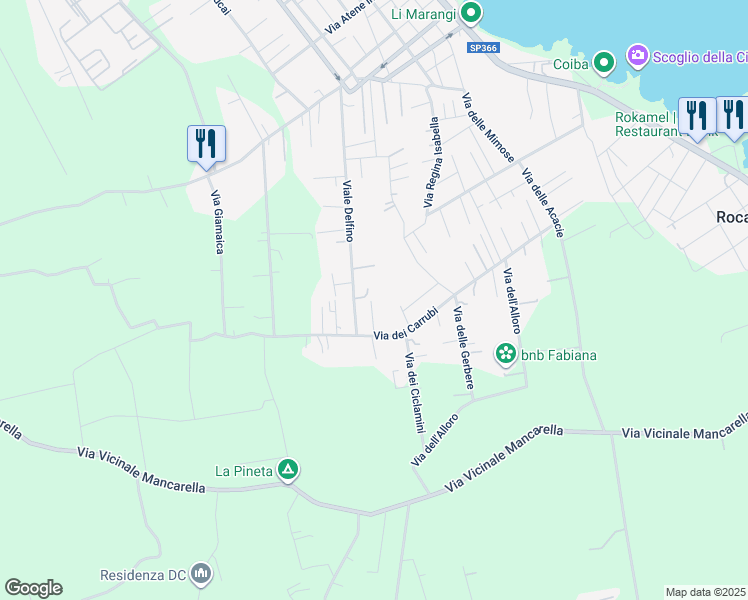 map of restaurants, bars, coffee shops, grocery stores, and more near 63 Viale Delfino in San Foca