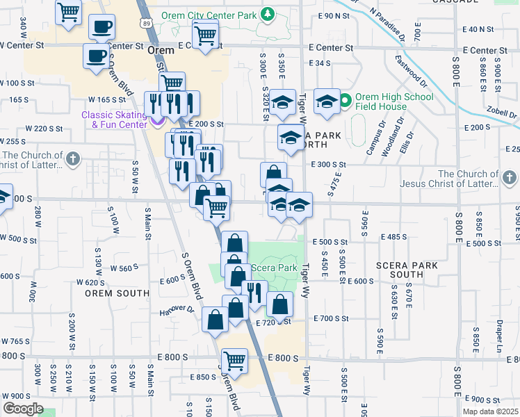 map of restaurants, bars, coffee shops, grocery stores, and more near 284 East 400 South in Orem