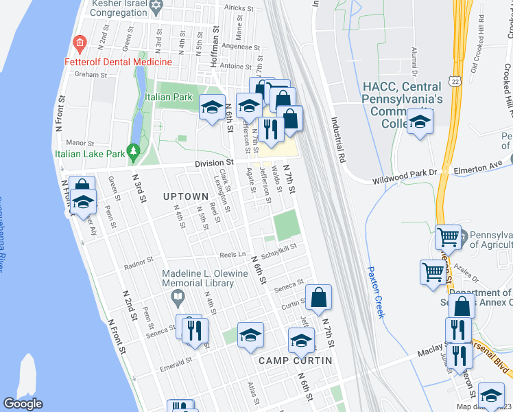 map of restaurants, bars, coffee shops, grocery stores, and more near 2624 Agate Street in Harrisburg