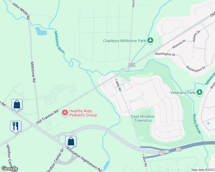 map of restaurants, bars, coffee shops, grocery stores, and more near 1523 Country Mill Drive in East Windsor