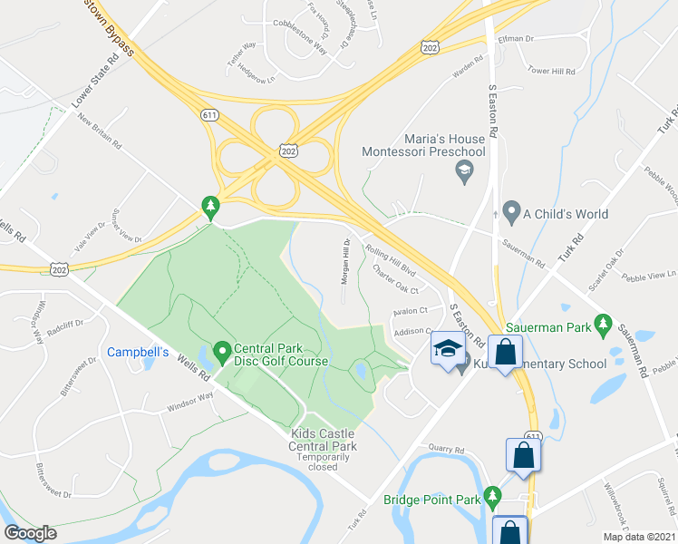 map of restaurants, bars, coffee shops, grocery stores, and more near 20 Morgan Hill Drive in Doylestown