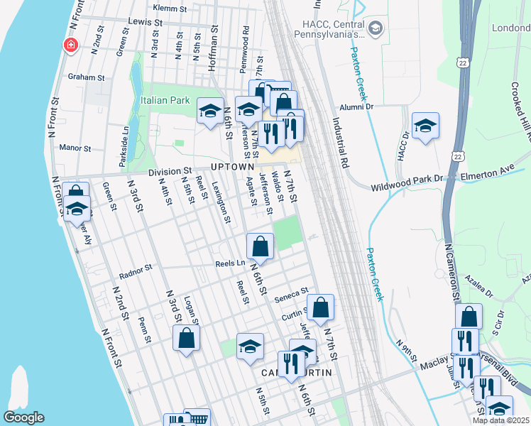 map of restaurants, bars, coffee shops, grocery stores, and more near 2620 Jefferson Street in Harrisburg