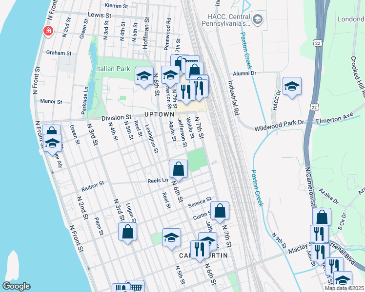 map of restaurants, bars, coffee shops, grocery stores, and more near 2620 Jefferson Street in Harrisburg