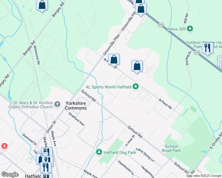 map of restaurants, bars, coffee shops, grocery stores, and more near 2361 Meadow Lane in Hatfield