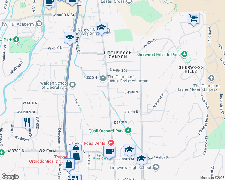 map of restaurants, bars, coffee shops, grocery stores, and more near 388 East 4220 North in Provo