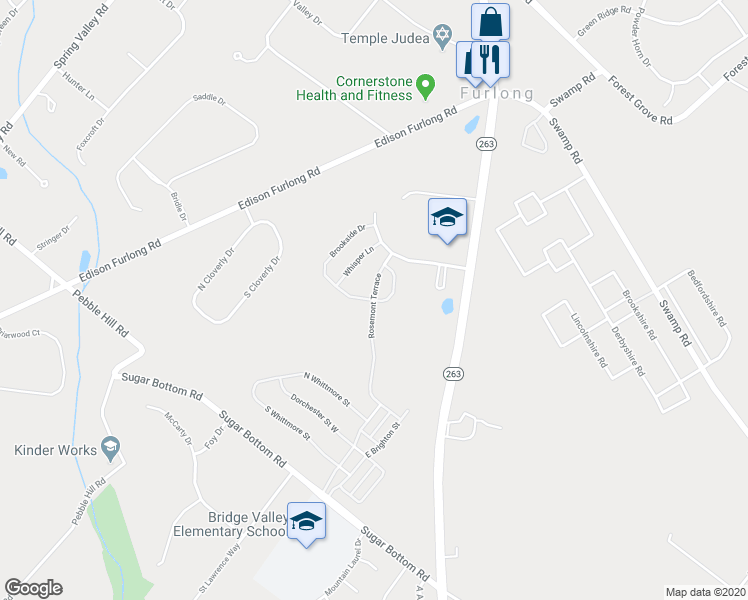 map of restaurants, bars, coffee shops, grocery stores, and more near 3211 Brookside Drive in Furlong