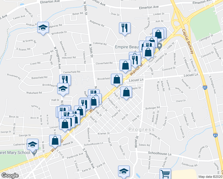 map of restaurants, bars, coffee shops, grocery stores, and more near 3716 Walnut Street in Harrisburg
