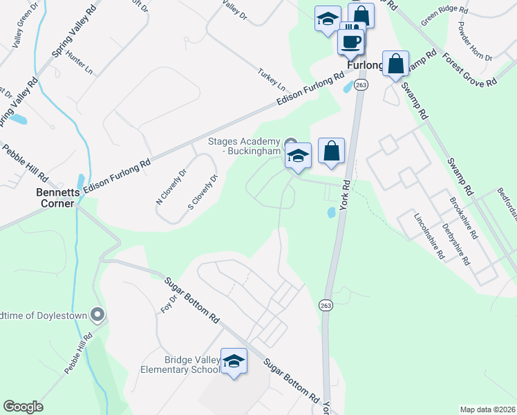 map of restaurants, bars, coffee shops, grocery stores, and more near 3205 Whisper Lane in Furlong
