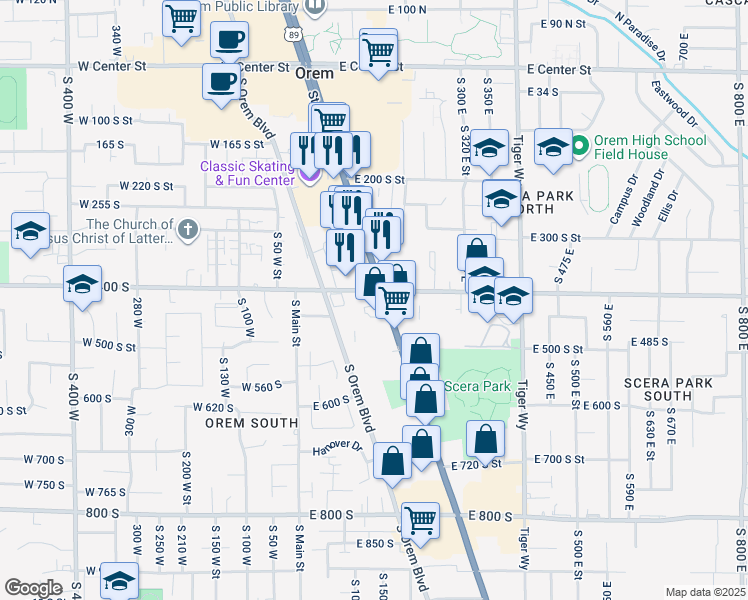 map of restaurants, bars, coffee shops, grocery stores, and more near 397 State Street in Orem