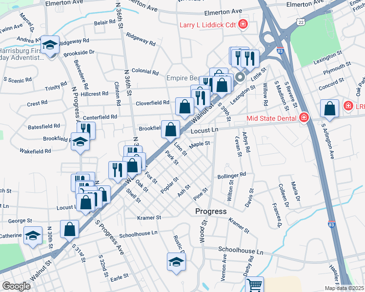 map of restaurants, bars, coffee shops, grocery stores, and more near 4 Linn Street in Harrisburg