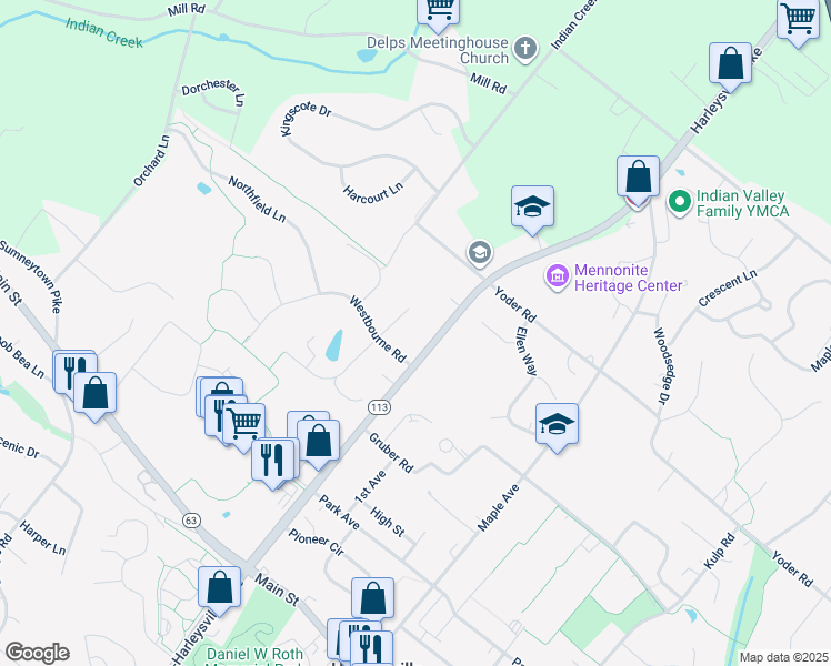 map of restaurants, bars, coffee shops, grocery stores, and more near 137 Harleysville Pike in Harleysville
