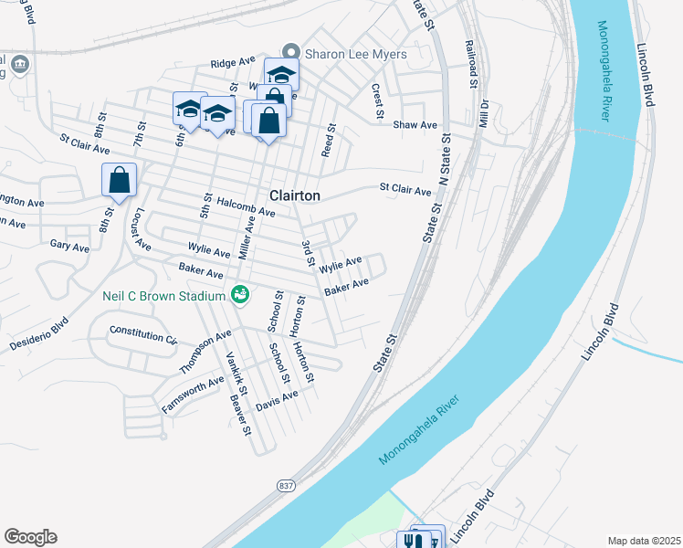 map of restaurants, bars, coffee shops, grocery stores, and more near 678 Reed Street in Clairton