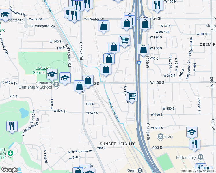 map of restaurants, bars, coffee shops, grocery stores, and more near 1510 400 South in Orem