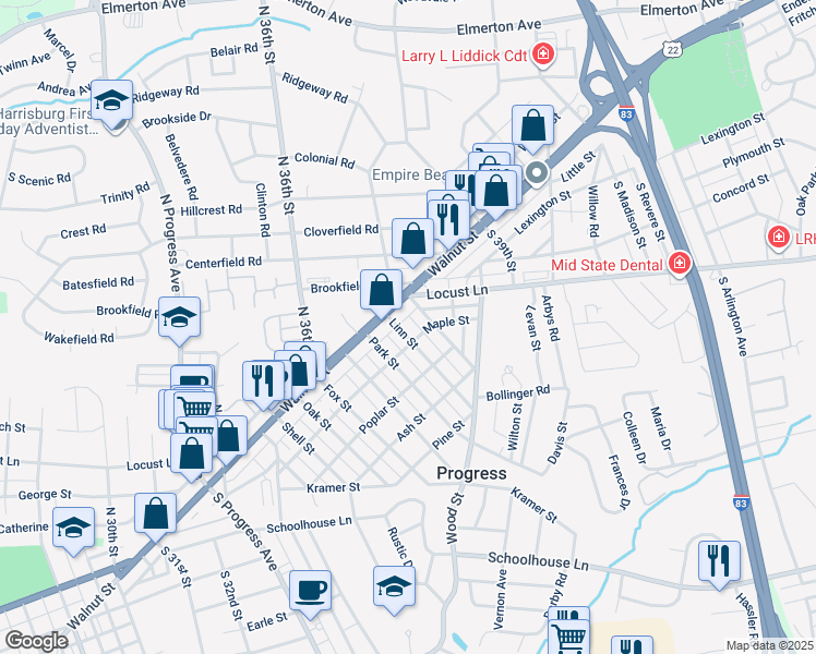 map of restaurants, bars, coffee shops, grocery stores, and more near 4 Linn Street in Harrisburg