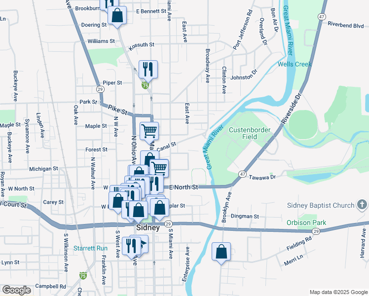 map of restaurants, bars, coffee shops, grocery stores, and more near 386-398 Canal St in Sidney