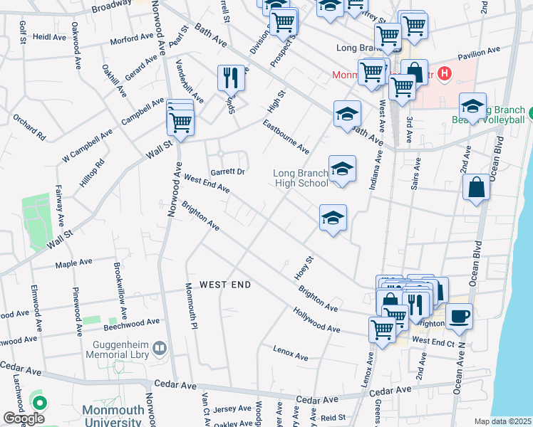 map of restaurants, bars, coffee shops, grocery stores, and more near 379 West End Avenue in Long Branch