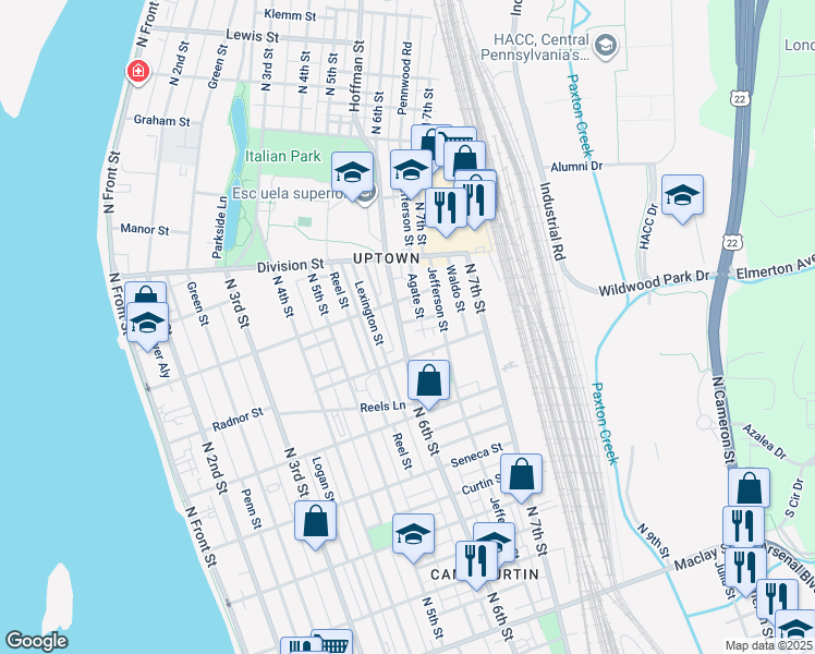 map of restaurants, bars, coffee shops, grocery stores, and more near 2661 North 6th Street in Harrisburg