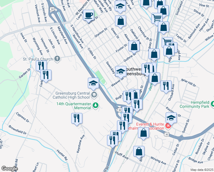map of restaurants, bars, coffee shops, grocery stores, and more near 726 Cribbs Street in Greensburg