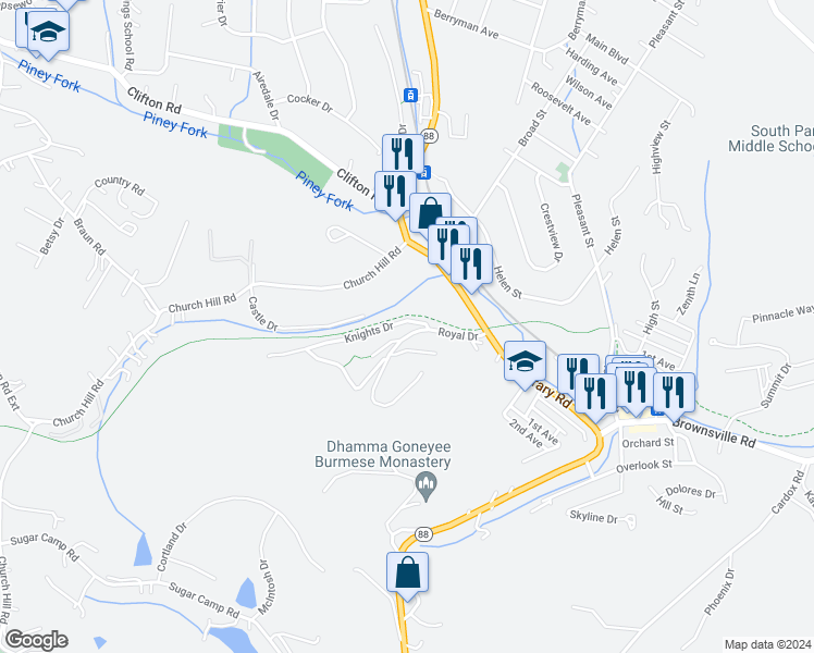map of restaurants, bars, coffee shops, grocery stores, and more near 620 Royal Drive in South Park Township