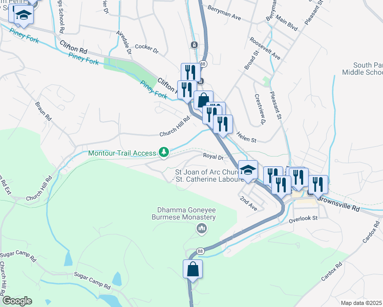 map of restaurants, bars, coffee shops, grocery stores, and more near 610 Royal Drive in Allegheny County