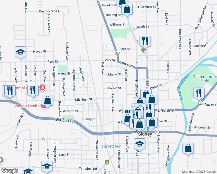 map of restaurants, bars, coffee shops, grocery stores, and more near 415 North Walnut Avenue in Sidney