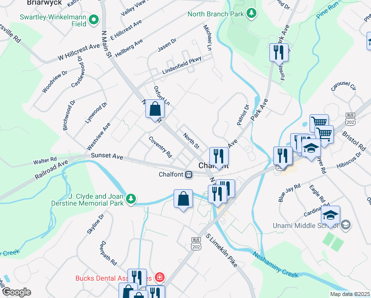 map of restaurants, bars, coffee shops, grocery stores, and more near 170 North Main Street in Chalfont