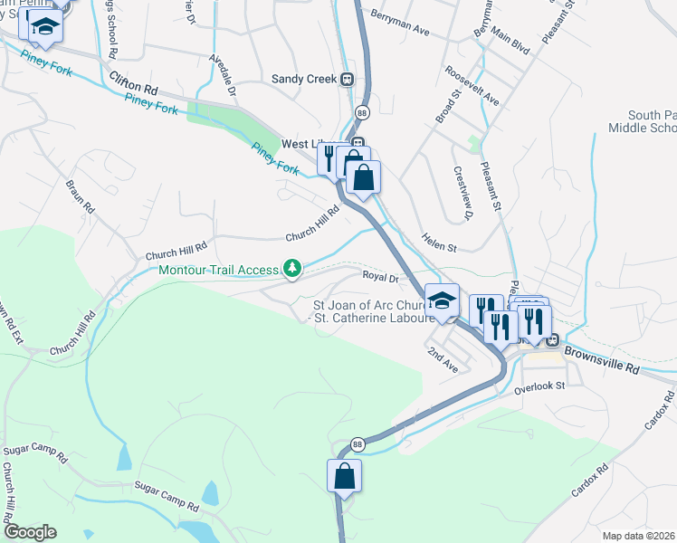 map of restaurants, bars, coffee shops, grocery stores, and more near 610 Royal Drive in Allegheny County