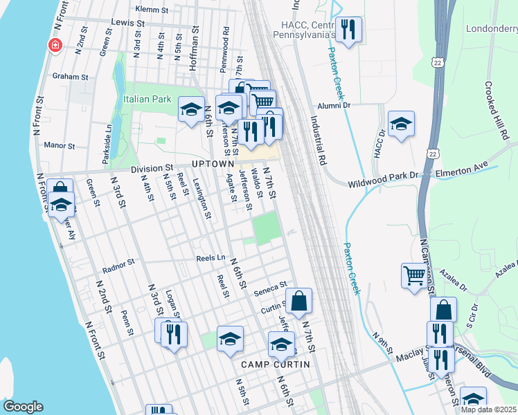 map of restaurants, bars, coffee shops, grocery stores, and more near 2610 Waldo Street in Harrisburg